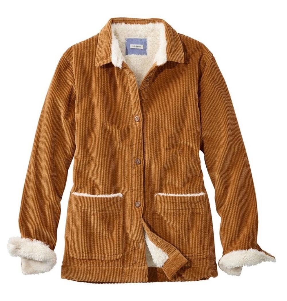 LL Bean Sherpa Lined Corduroy Chore Barn Jacket Caramel Brown Women Medium